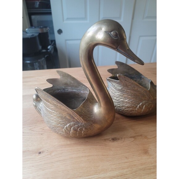 Vintage Swan Long Neck Bird Brass Sculpture Statue Figurine Gold Swan Set Of Two - Picture 4 of 14